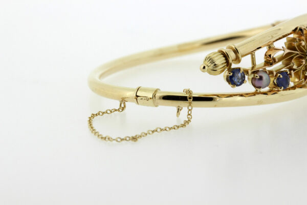 Timekeepersclayton 14K Yellow Gold Flower Bracelet Hinged Blue Sapphire and Pearl Vintage