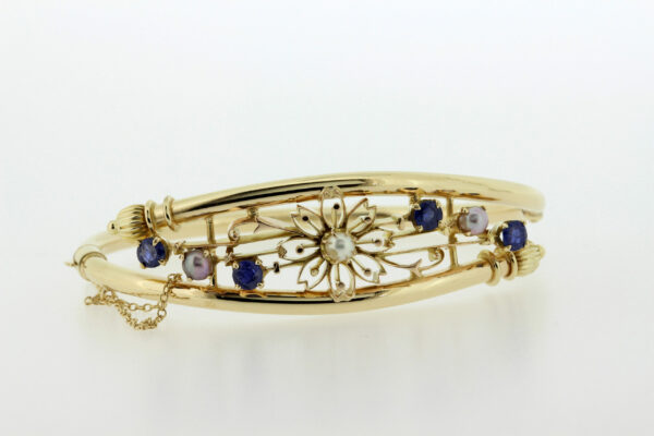 Timekeepersclayton 14K Yellow Gold Flower Bracelet Hinged Blue Sapphire and Pearl Vintage