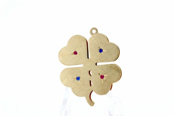 Timekeepersclayton 14K Yellow Gold Four Leaf Clover Pendant with Blue Sapphires and Red Rubies Florentine Finish