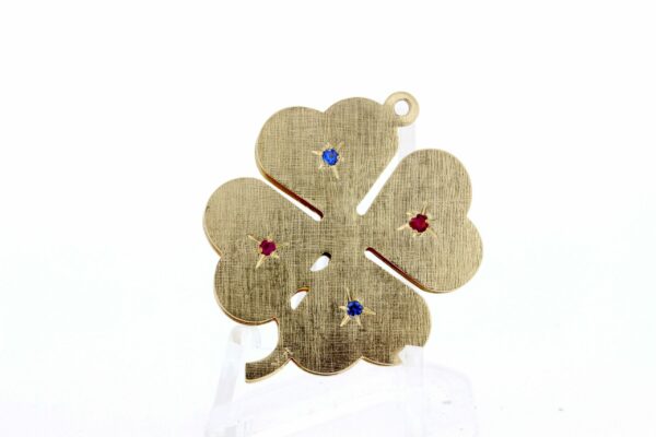 Timekeepersclayton 14K Yellow Gold Four Leaf Clover Pendant with Blue Sapphires and Red Rubies Florentine Finish