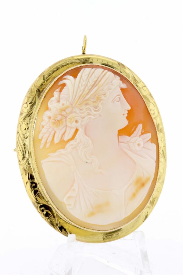 Timekeepersclayton 14K Yellow Gold Hand Engraved and Hand Carved Cameo Brooch convertible Necklace Greek Motif Roses Feathers Wheat