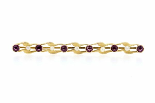 Timekeepersclayton 14K Yellow Gold Twisting Ribbion Pearl and Amethyst Brooch