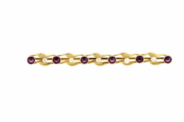 Timekeepersclayton 14K Yellow Gold Twisting Ribbion Pearl and Amethyst Brooch