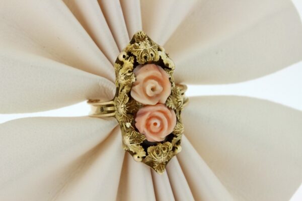 Timekeepersclayton 14K Yellow Gold Vintage Pink Coral Swirl Carved Rose Flower Ring Grape Vines
