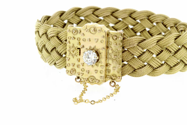 Timekeepersclayton 14K Yellow Gold Woven Bracelet Diamond Center and Granulation with Safety Chain