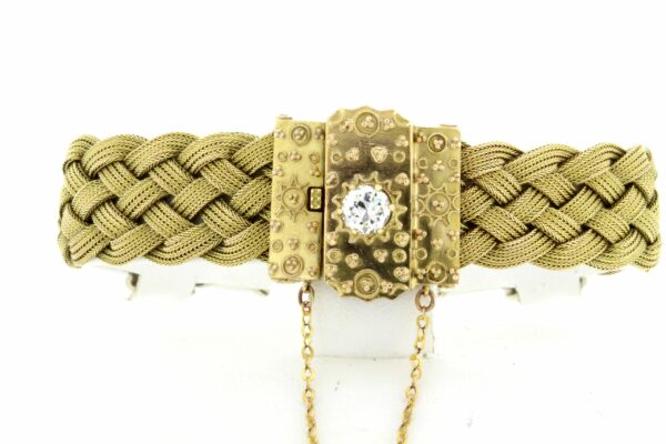 Timekeepersclayton 14K Yellow Gold Woven Bracelet Diamond Center and Granulation with Safety Chain