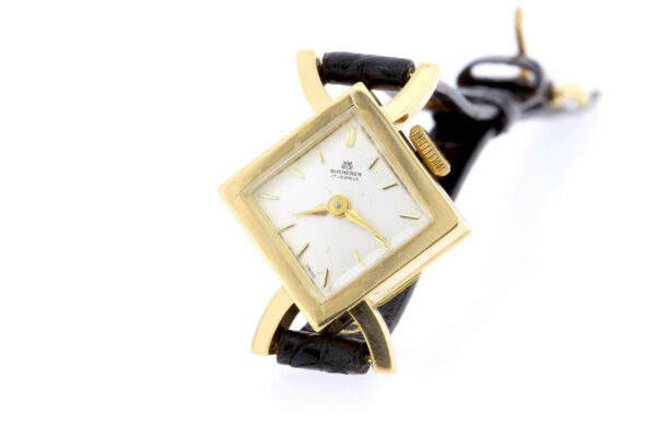 Timekeepersclayton 17 Jewel Movement Bucherer Wrist Watch 18K Yellow Gold Square Bezel