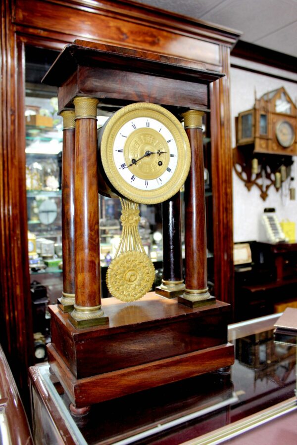 Timekeepersclayton 1890-1910s Peony Flower Pendulumn Dial Table Clock French France Dark Wood Columns with Brass Accents
