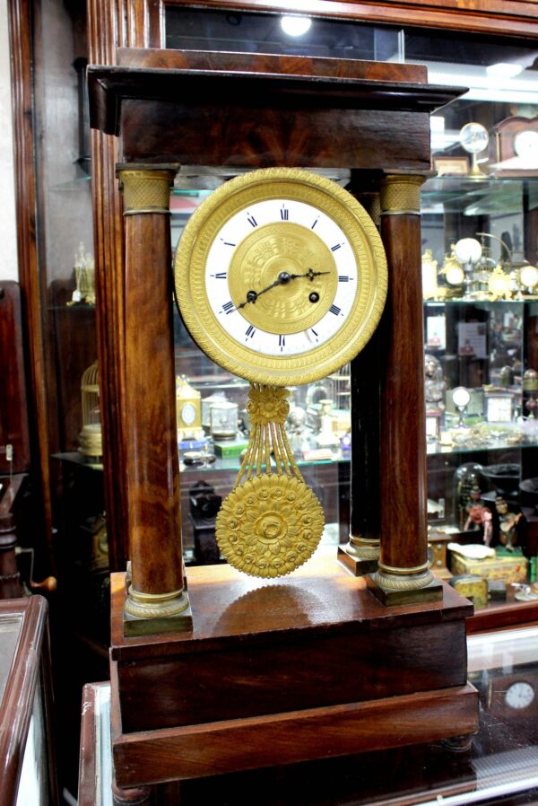 1890-1910s-Peony-Flower-Pendulumn-Dial-Table-Clock-French-France-Dark-Wood-Columns-with-Brass-Accents