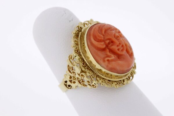 Timekeepersclayton 18K Gold Filigree Ring with Coral Cameo