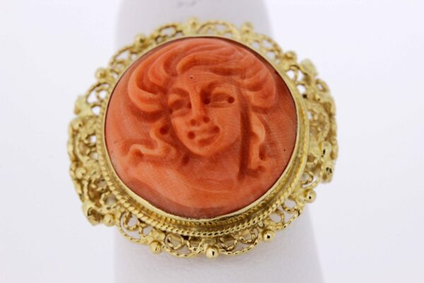 Timekeepersclayton 18K Gold Filigree Ring with Coral Cameo