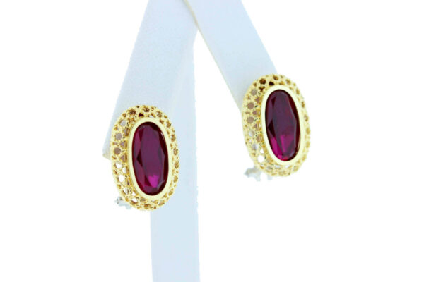 Timekeepersclayton 18K Gold Omega Earrings with Red Oval Synthetic Stones