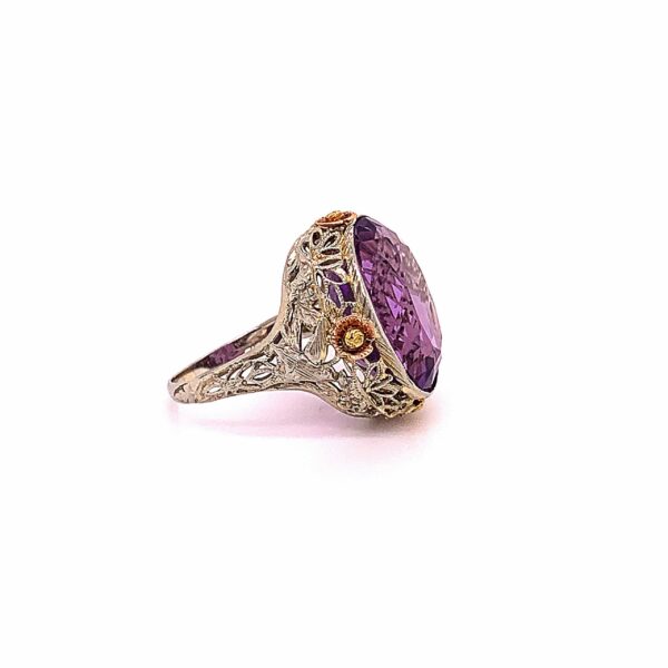 Timekeepersclayton 18K Tri Colored Gold Flower Filigree Ring Vintage With Large Purple Amethyst Center Stone Oval Cut