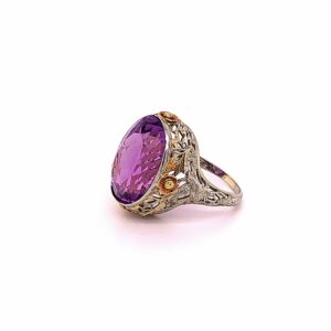 Timekeepersclayton 18K Tri Colored Gold Flower Filigree Ring Vintage With Large Purple Amethyst Center Stone Oval Cut