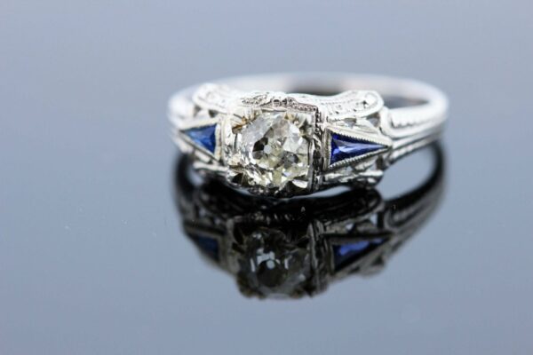 Timekeepersclayton 18K White Gold Half Carat Old Euro Carat Diamond Ring with Blue Sapphires