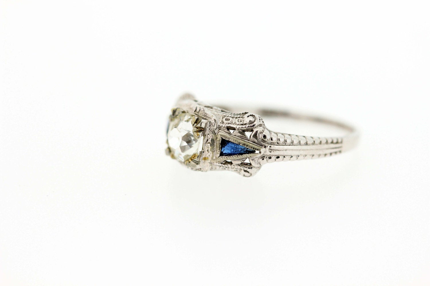 18K White Gold Half Carat Old Euro Carat Diamond Ring with Blue ...