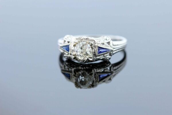 Timekeepersclayton 18K White Gold Half Carat Old Euro Carat Diamond Ring with Blue Sapphires