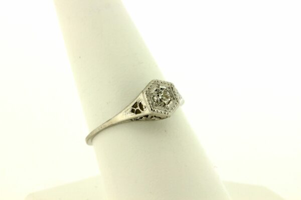 Timekeepersclayton 18K White Gold Vintage Geometic Filigree Ring with Diamond Center Engagement Ring Wedding Ring