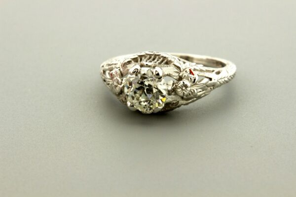 Timekeepersclayton 18K White Gold Vintage Wedding Engagement Ring Vine and Leaf Detail Filigree Milgrain Solitaire Diamond Ring Near One 1 Carat
