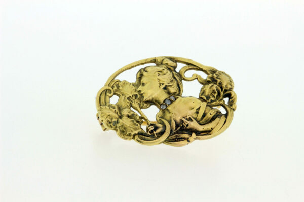 Timekeepersclayton 18K Yellow Gold Art Nouveau brooch with Female and Irises