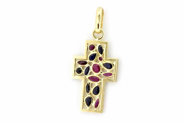 Timekeepersclayton 18K Yellow Gold Blue Sapphire and Red Ruby Cross by Vior Vintage