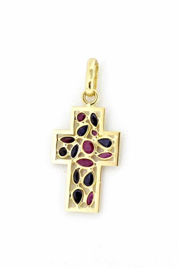 Timekeepersclayton 18K Yellow Gold Blue Sapphire and Red Ruby Cross by Vior Vintage
