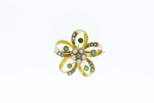 Timekeepersclayton 18K Yellow Gold Flower Brooch with Pearls and Turquoise