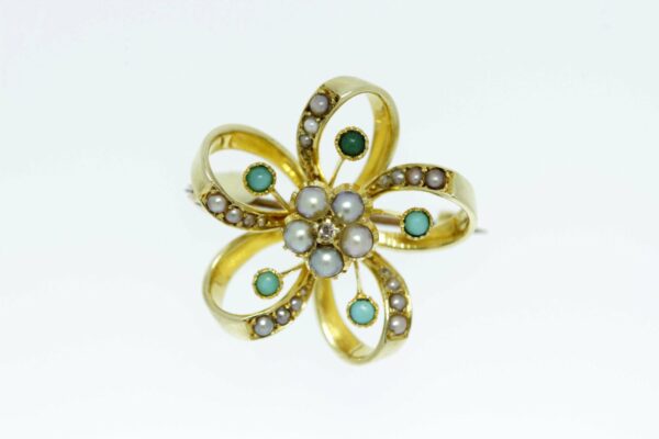 Timekeepersclayton 18K Yellow Gold Flower Brooch with Pearls and Turquoise