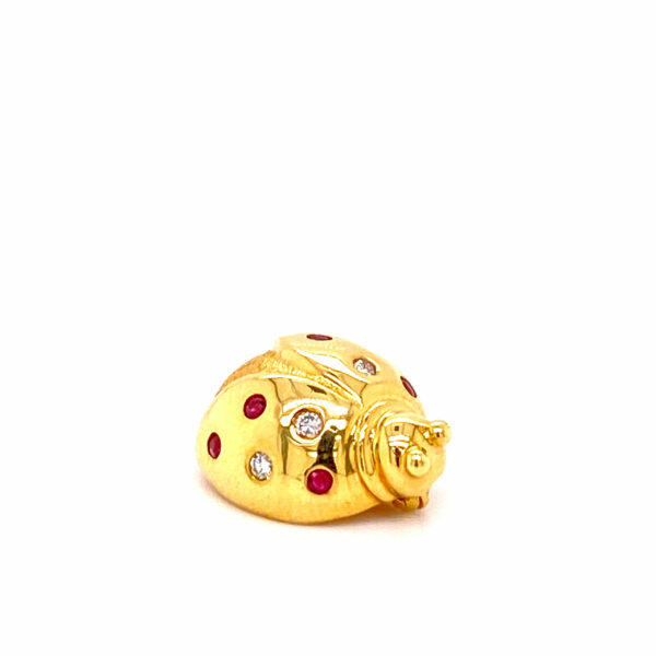 Timekeepersclayton 18K Yellow Gold Lady Bug Pin Red Rubies and White Diamonds Brooch Vintage