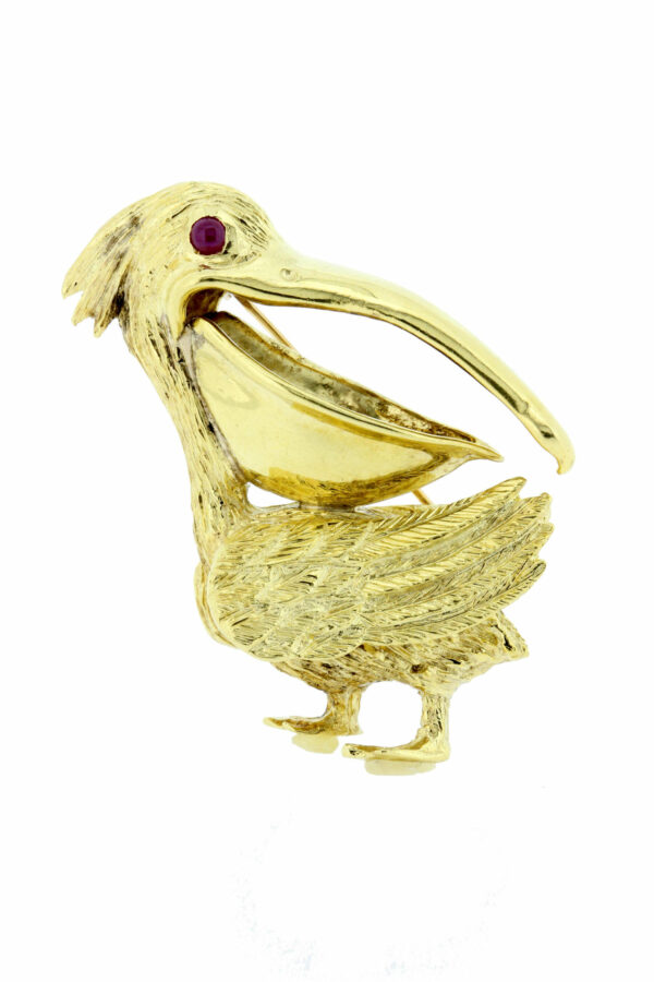 Timekeepersclayton 18K Yellow Gold Pelican Bird Brooch with Ruby Eyes Pin
