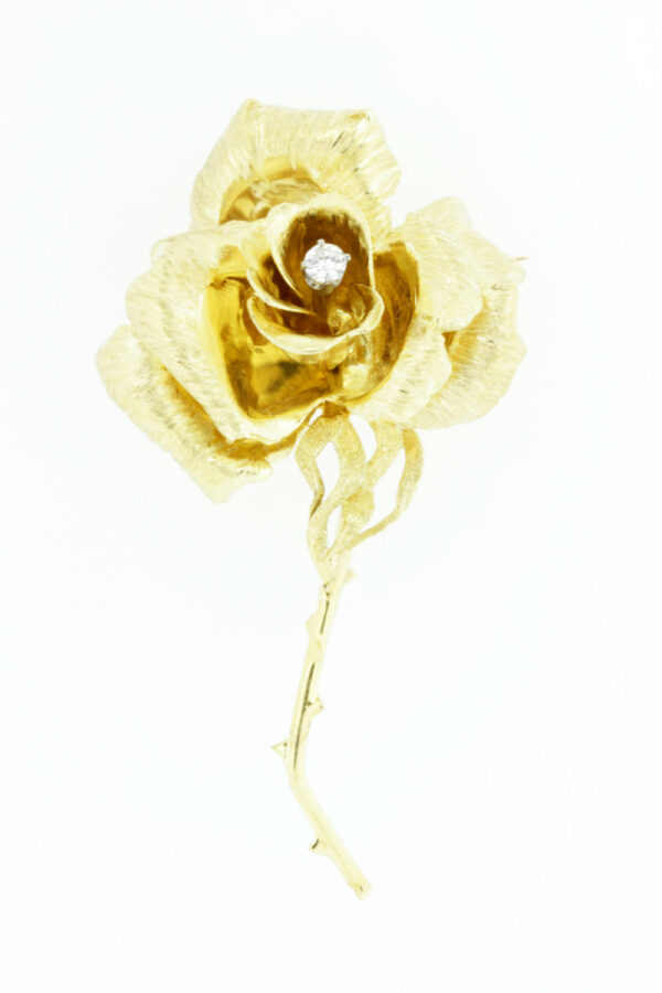 Timekeepersclayton 18K Yellow Gold Rose Brooch with Diamonds