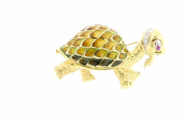 Timekeepersclayton 18K Yellow Gold Turtle Brooch Pin Ruby, Diamond, and Enamel Tortoise Bommett