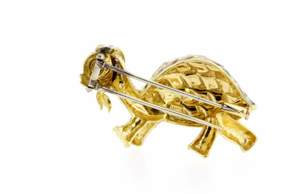 Timekeepersclayton 18K Yellow Gold Turtle Brooch Pin Ruby, Diamond, and Enamel Tortoise Bommett