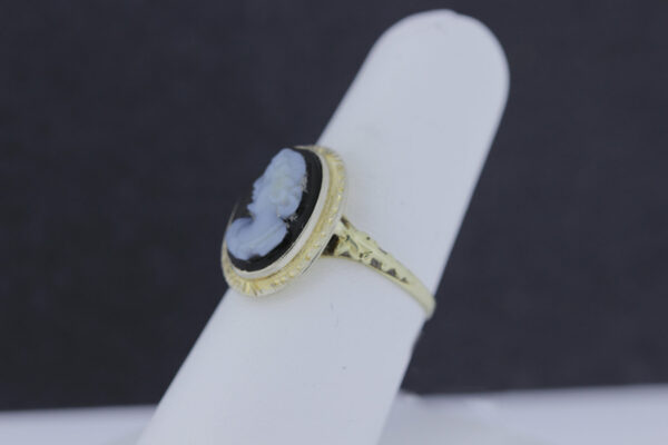 Timekeepersclayton 1910s Oval Carved Black Agate Female Bust 14K Gold Ring