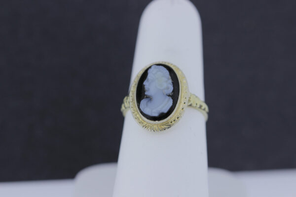 Timekeepersclayton 1910s Oval Carved Black Agate Female Bust 14K Gold Ring