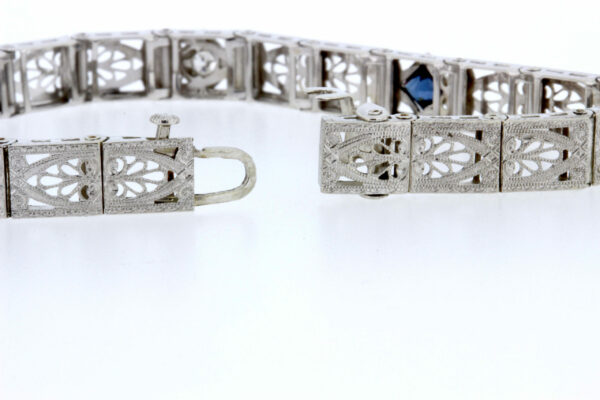 Timekeepersclayton 1920s 14K White Gold Filigree Diamond and Synthetic Bracelet