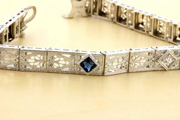 Timekeepersclayton 1920s 14K White Gold Filigree Diamond and Synthetic Bracelet