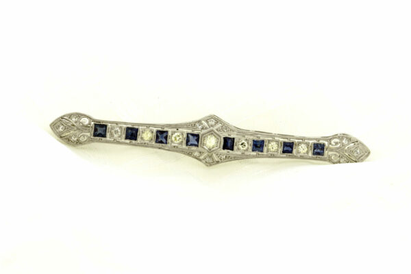 Timekeepersclayton 1920s Vintage Filigree 14K White Gold Diamond Pin Brooch with Blue Green Accents