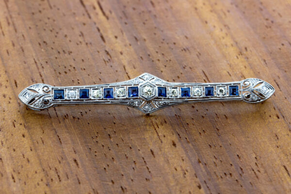 Timekeepersclayton 1920s Vintage Filigree 14K White Gold Diamond Pin Brooch with Blue Green Accents