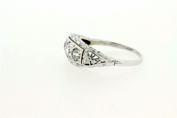 Timekeepersclayton 1930s 18K White Gold Lily Pad Filigree Ring with Trio Diamond