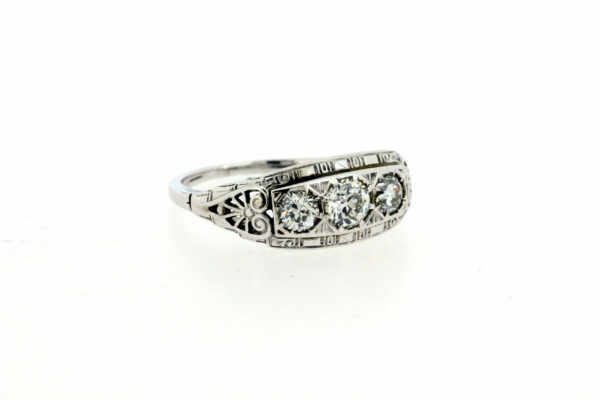 Timekeepersclayton 1930s 18K White Gold Lily Pad Filigree Ring with Trio Diamond