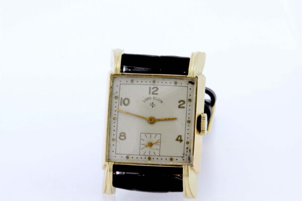 Timekeepersclayton 1940s 14K Yellow Gold Lord Elgin Wrist Watch with Square Bezel