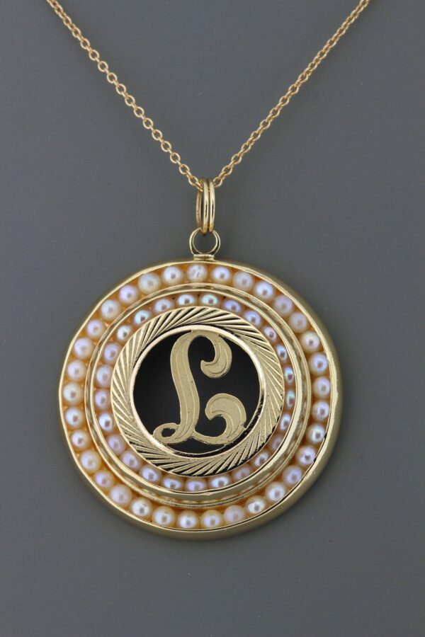 Timekeepersclayton 1970s 14 Karat Yellow Gold White Pearl Pendant “L” Initial Hand Engraved Charm