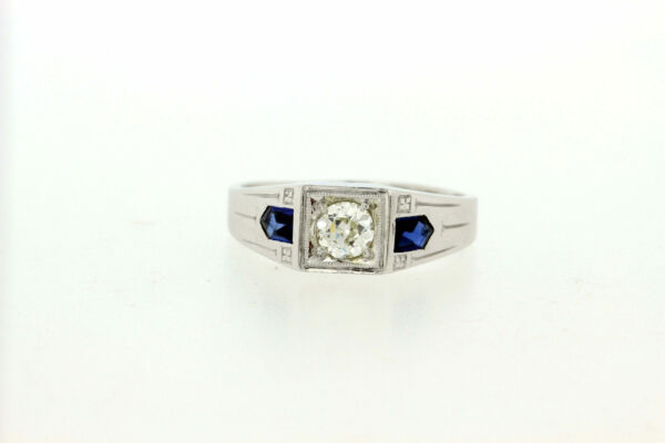 Timekeepersclayton 20K White Gold Gent’s Ring .45ct Diamond Center with Blue Accent Shields