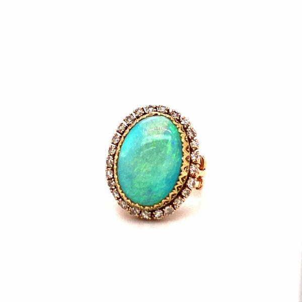 Timekeepersclayton Alluring 14K Yellow Gold Vintage Oval Opal Cabochon Ring with White Diamond Halo