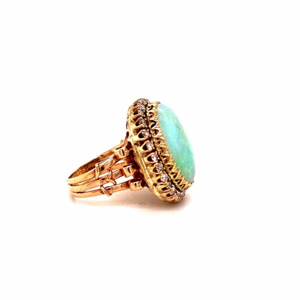 Timekeepersclayton Alluring 14K Yellow Gold Vintage Oval Opal Cabochon Ring with White Diamond Halo