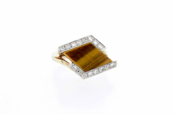 Timekeepersclayton Bold Tiger Eye Ring with Diamond Accents in 14K Yellow Gold