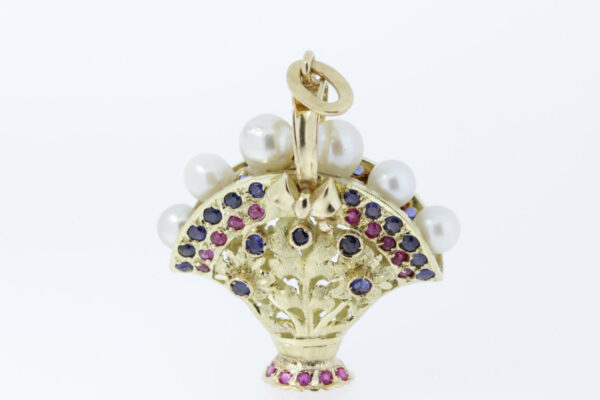 Timekeepersclayton Bountiful Basket Pendant 18K Gold Red rubires blue sapphires and white pearls