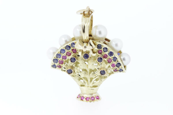 Timekeepersclayton Bountiful Basket Pendant 18K Gold Red rubires blue sapphires and white pearls