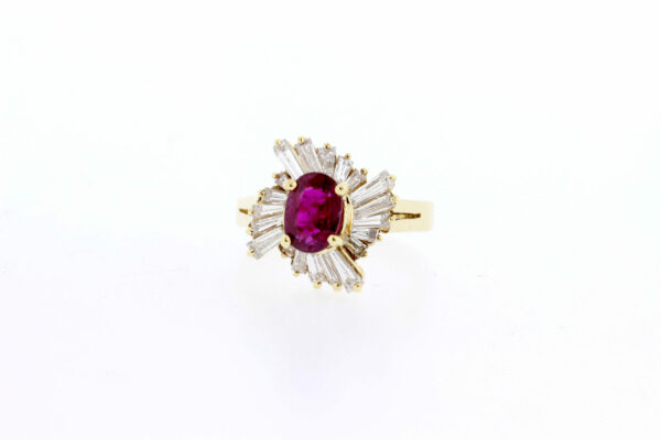 Timekeepersclayton Breathtaking 18K Yellow Gold Oval Cut Ruby with White Baguette Diamonds Ring
